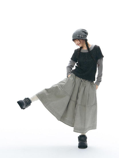 NAPSNAPS Washed Denim Tie Elastic Waist Flared Women&