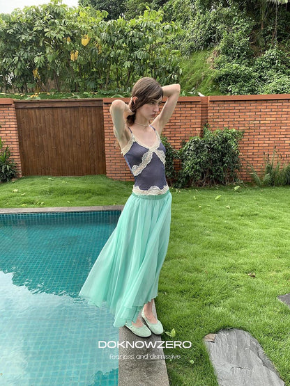 DKZ OFFICIAL Mint Green Tulle A Line Drapey Elastic Waist Women&