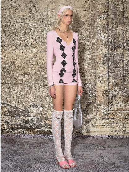 The NeverMore Plaid V-neck Slim Two Piece Sexy Acrylic Short Set Long Sleeve Crop Tops