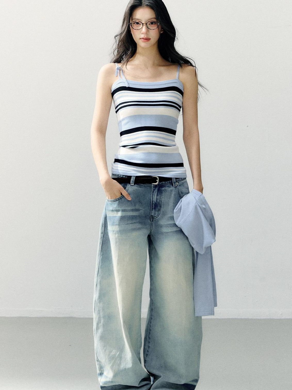 7Shiftin Washed Cotton Natural Waist Girly Zip Fly Non Stretch Blue Women Wide Leg Jeans