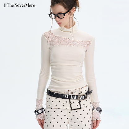 The NeverMore T-shirts ajustés sexy en maille de viscose pour femme, col montant, à empiècements, noir et blanc, manches longues