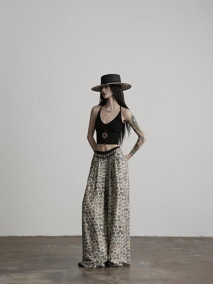 INDULGE Durable Viscose Blend Vintage Patchwork Abstract Pockets Women Wide-Leg Pants