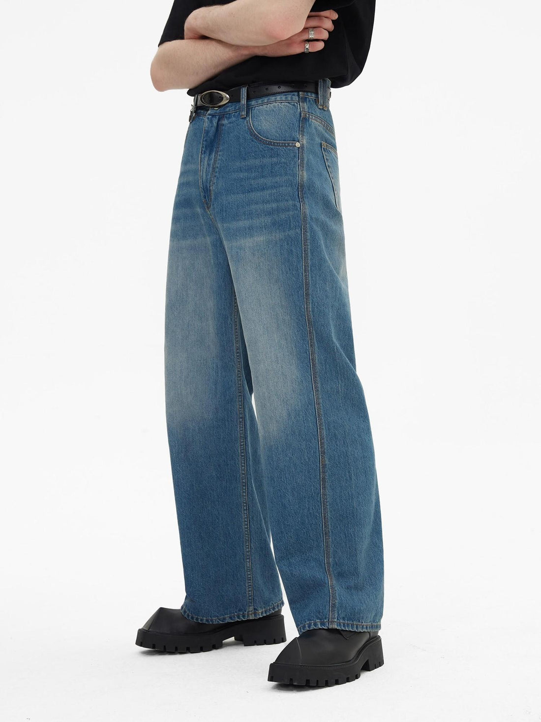 RUN TO THE FUTURE Breathable Washed Mid Rise Asymmetrical Multi Pocket Relaxed Blue Straight Jeans