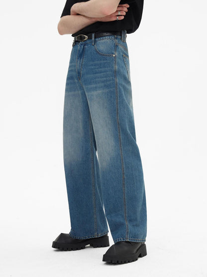 RUN TO THE FUTURE Breathable Washed Mid Rise Asymmetrical Multi Pocket Relaxed Blue Straight Jeans