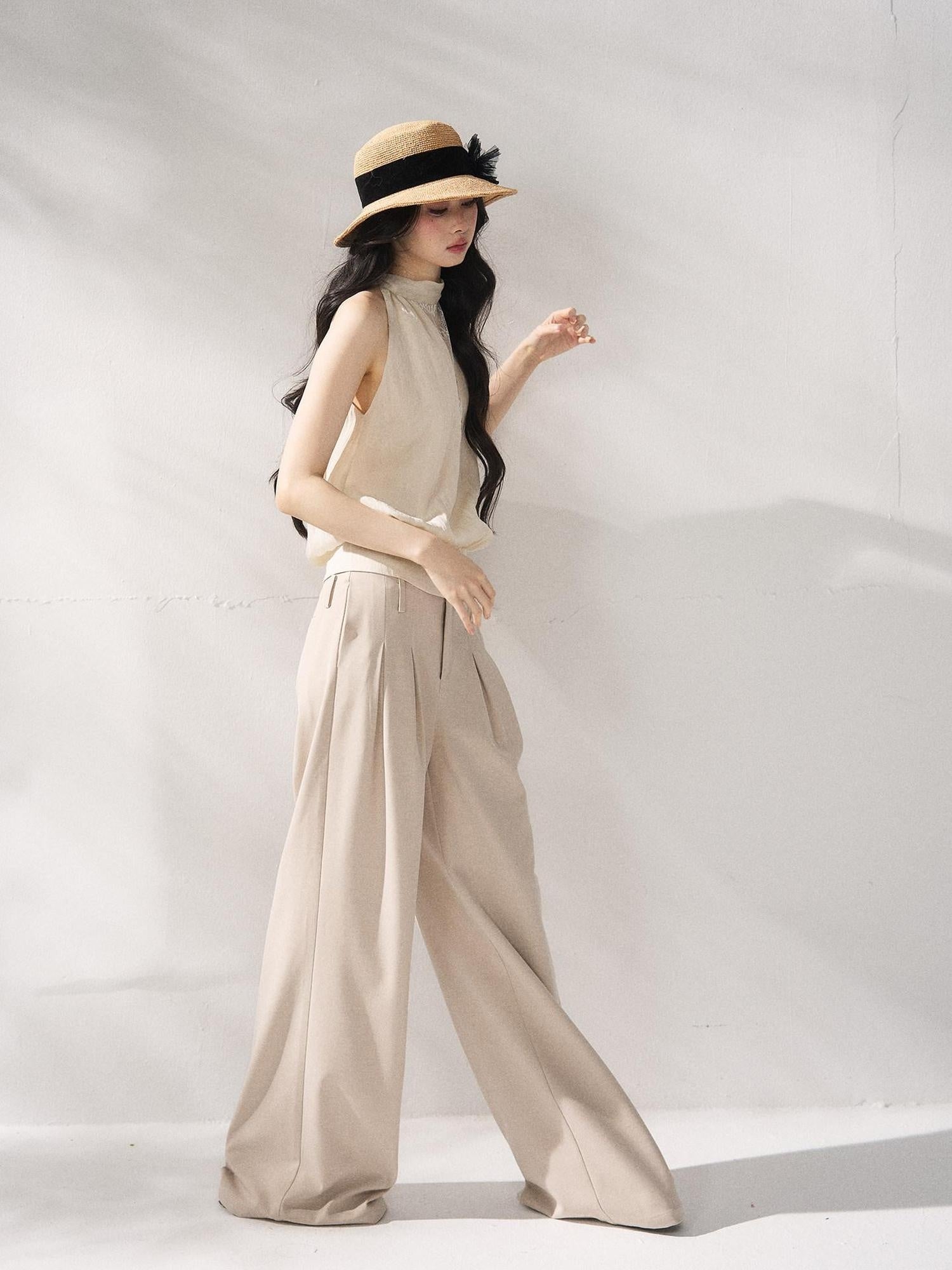 7Shiftin Soft Lyocell Loose Halter High Neck Short Beige Womens Off Shoulder Crop Tops