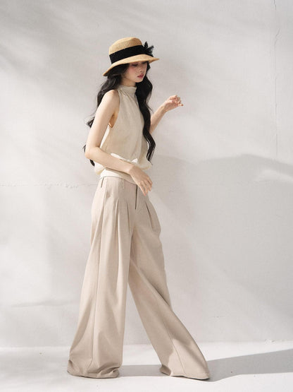 7Shiftin Soft Lyocell Loose Halter High Neck Short Beige Womens Off Shoulder Crop Tops