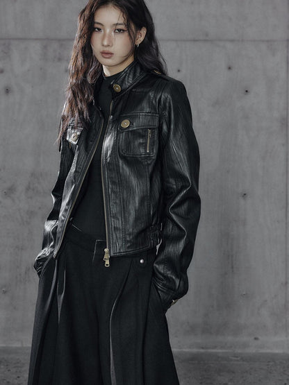 Low pixel Insulated Waist Cinch Workwear Multipocket Lapel Zip Black Women Leather Jackets