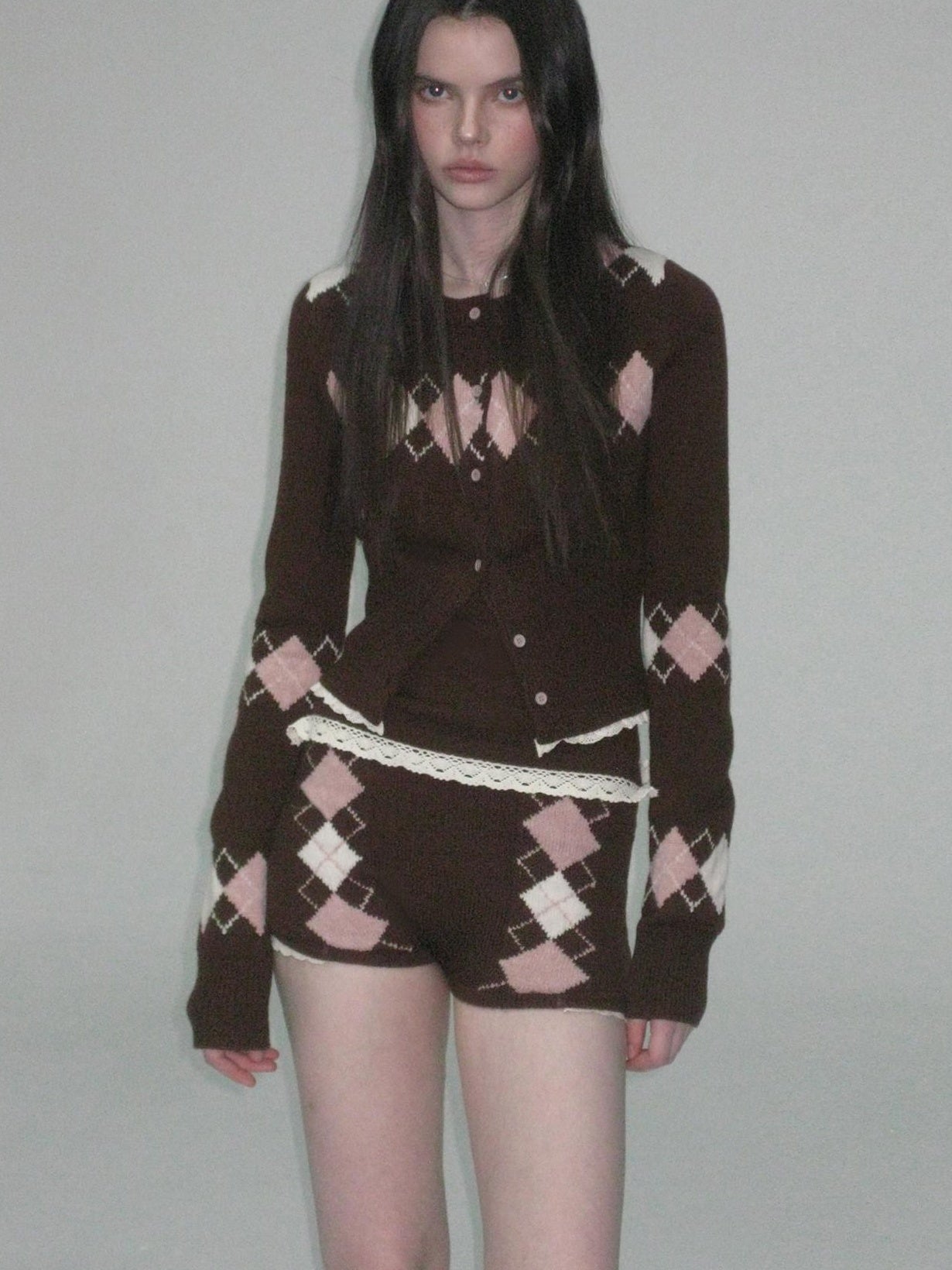 The NeverMore Cashmere Blend Sexy Argyle Button Cardigan Shorts Women Top &amp; Shorts Sets