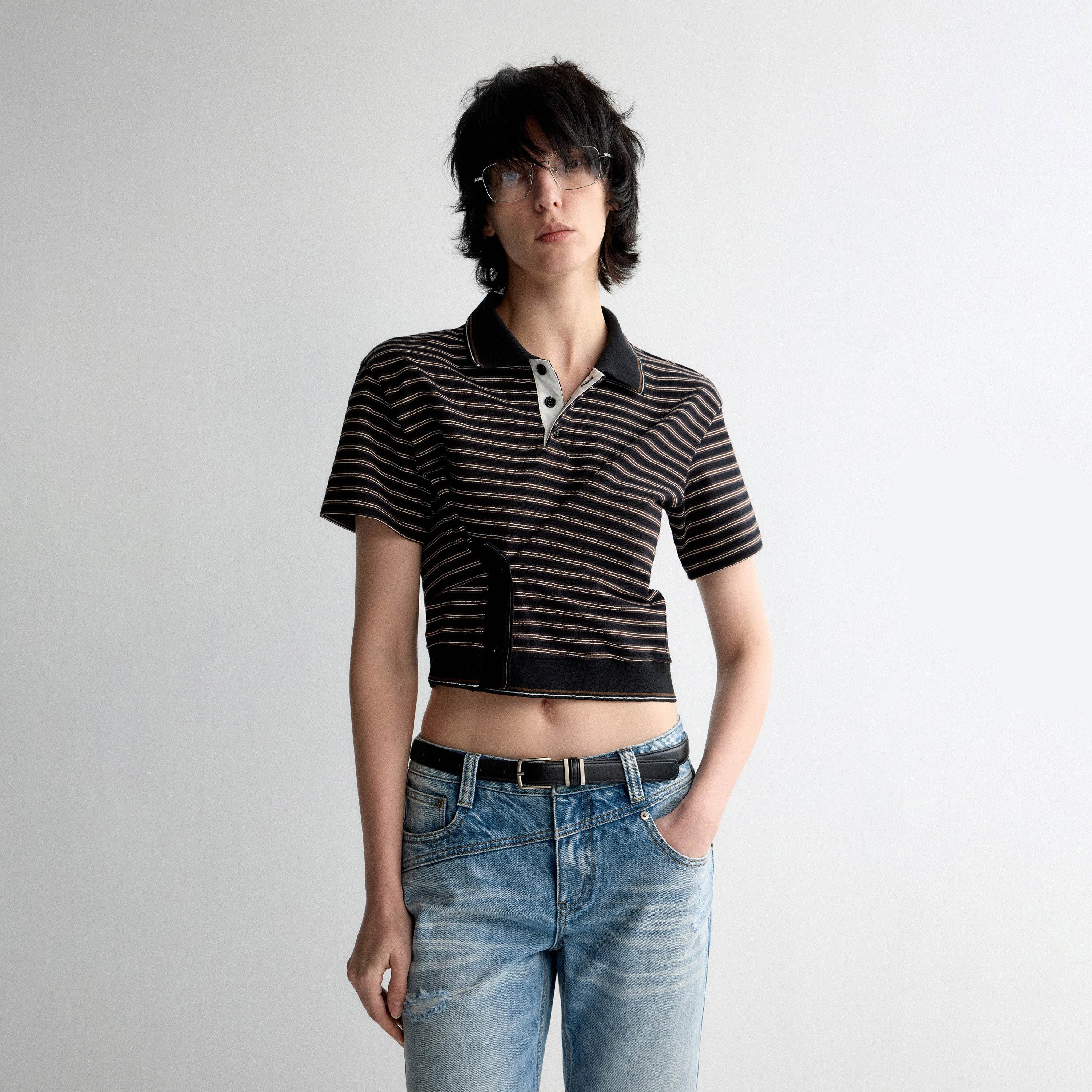 RUN TO THE FUTURE Breathable Cotton Slim Fit Asymmetric Henley Striped Low Waist Women Crop Tops
