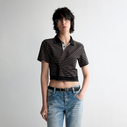 RUN TO THE FUTURE Breathable Cotton Slim Fit Asymmetric Henley Striped Low Waist Women Crop Tops
