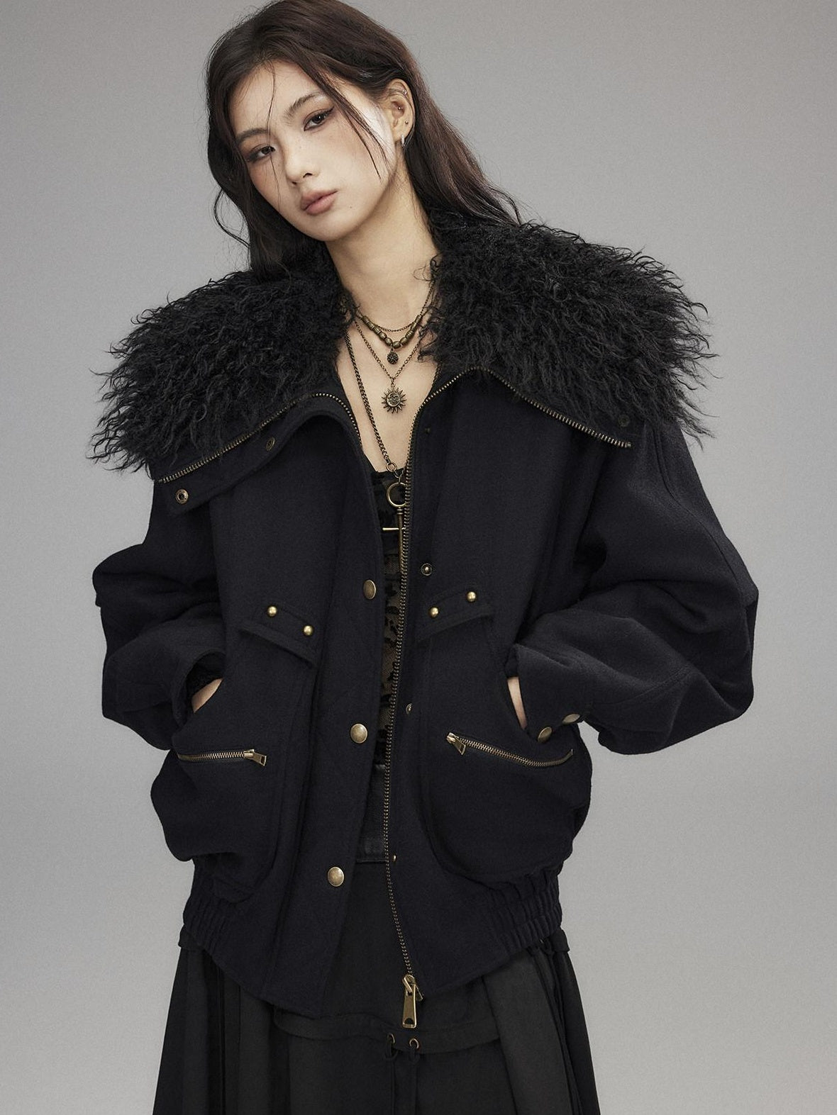 Low pixel Thick Wool Blend Multi Pocket Loose Fit Sexy Girl Black Zipper Cropped Jackets