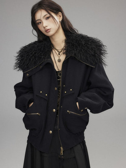 Low pixel Thick Wool Blend Multi Pocket Loose Fit Sexy Girl Black Zipper Cropped Jackets
