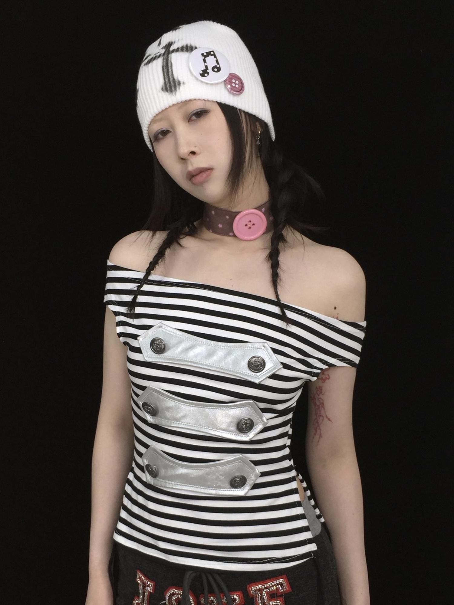 Ttsunami Multicolor Striped Button Geometric Print Women&