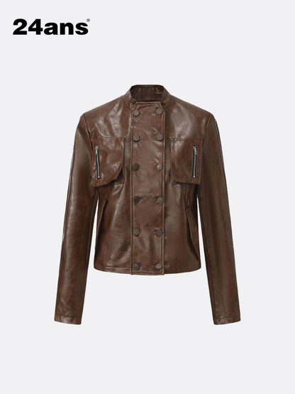24ans Pu Leather Loose Fit Chinese Stand Collar Short Green Brown Leather Jackets