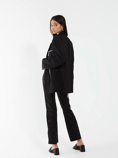 JYOSEI Black Padded Shoulder Loose Fit Single Button Pockets Women&
