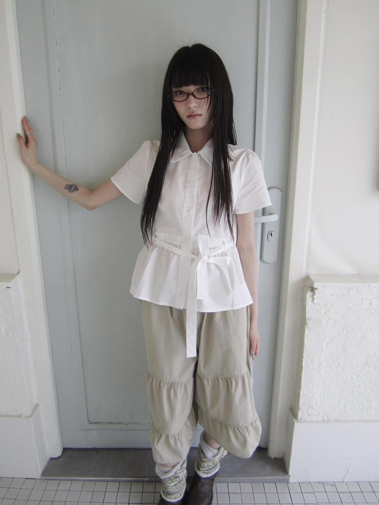 ang project Korean Turn Down Collar Single Button Tie Waist Women&