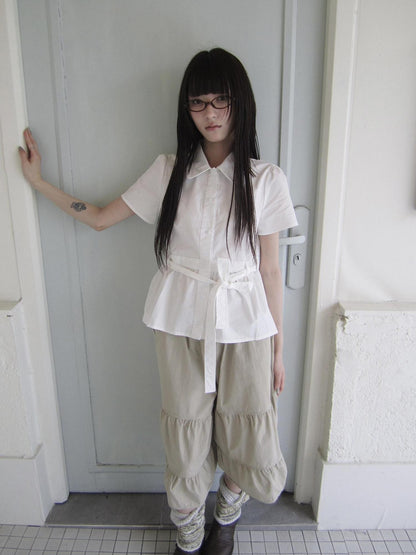 ang project Korean Turn Down Collar Single Button Tie Waist Women&