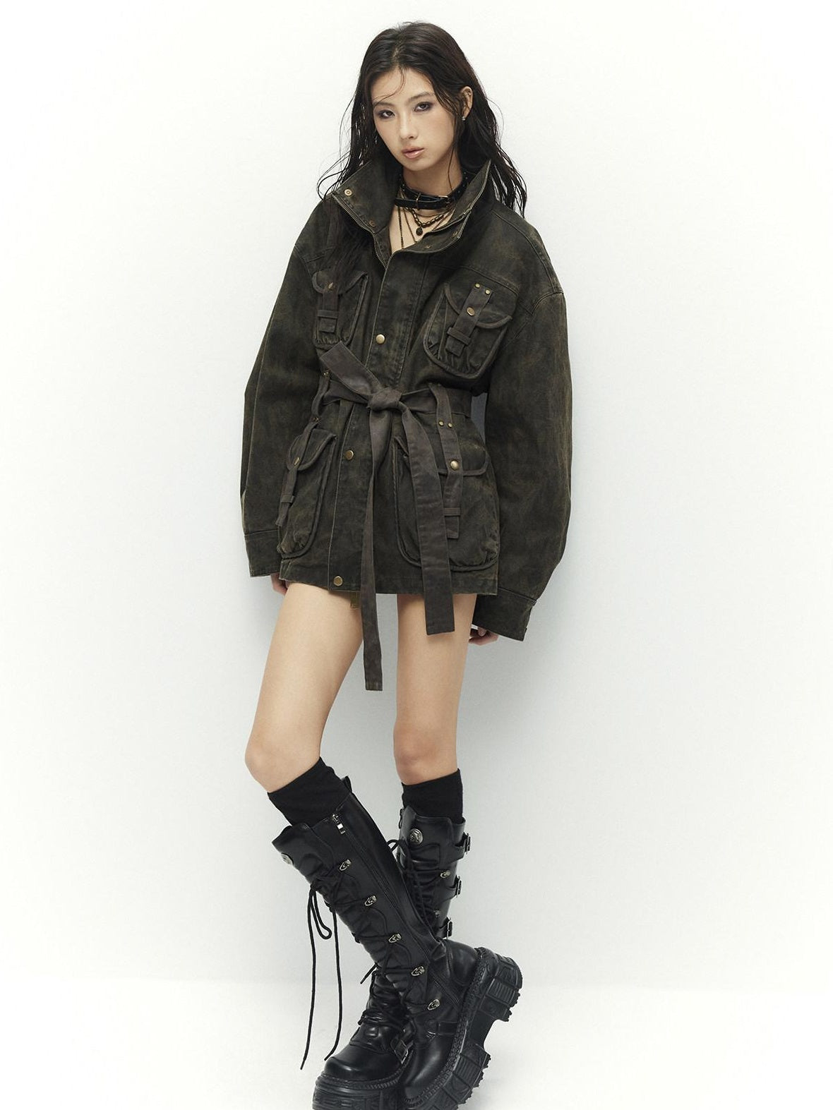 Low pixel Insulated Utility Slim Multi Pocket Stand Collar Women Cropped Jackets