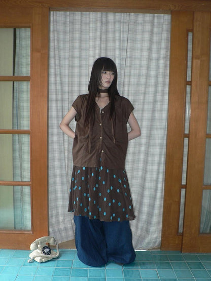 ang project Deep Blue Vintage Pleated Elastic Waist Loose Fit Women&