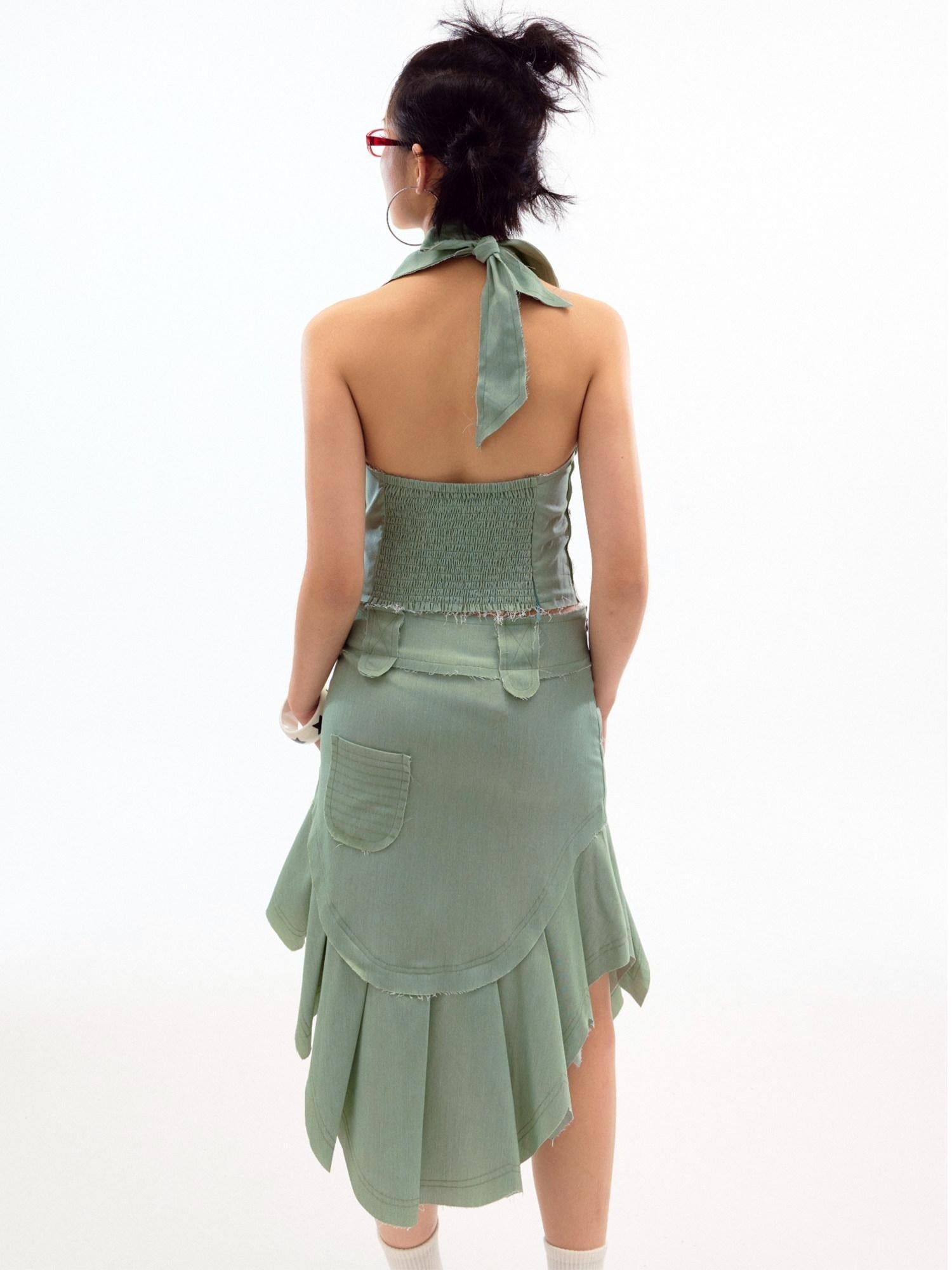 nit alcove Beaded Distressed Chinese Mid Waist Irregular Hem Dark Green Zipper Midi Skirts