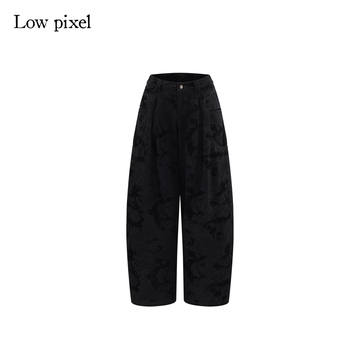 Low pixel Black Cotton Flocked Low Rise Loose Street Women Zip Fly Wide Leg Jeans