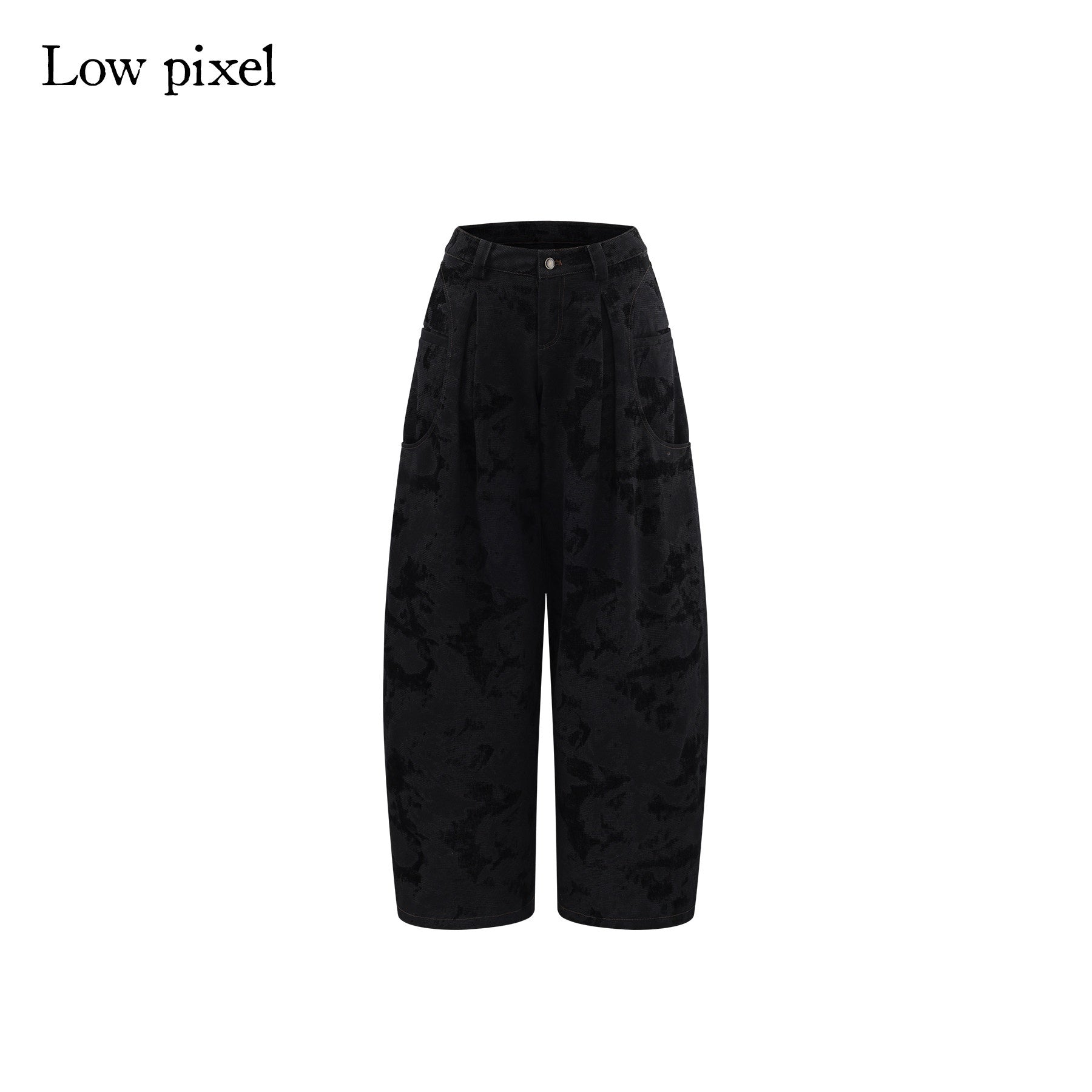 Low pixel Black Cotton Flocked Low Rise Loose Street Women Zip Fly Wide Leg Jeans