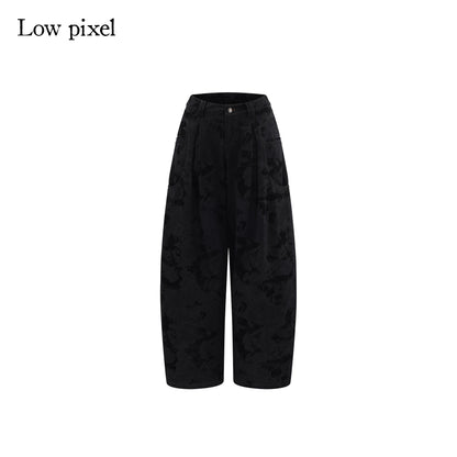 Low pixel Black Cotton Flocked Low Rise Loose Street Women Zip Fly Wide Leg Jeans