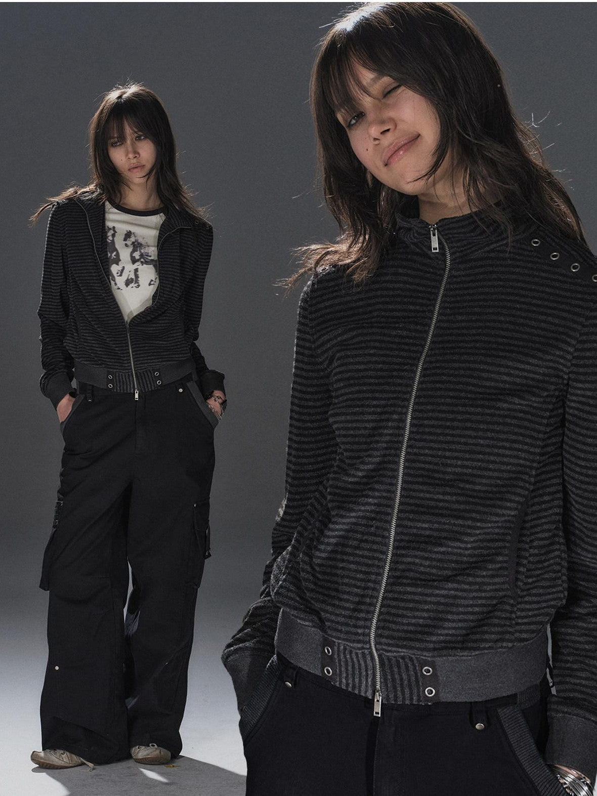 wear And tear Black Gray Striped Eyelet Tape Splice Punk Women&