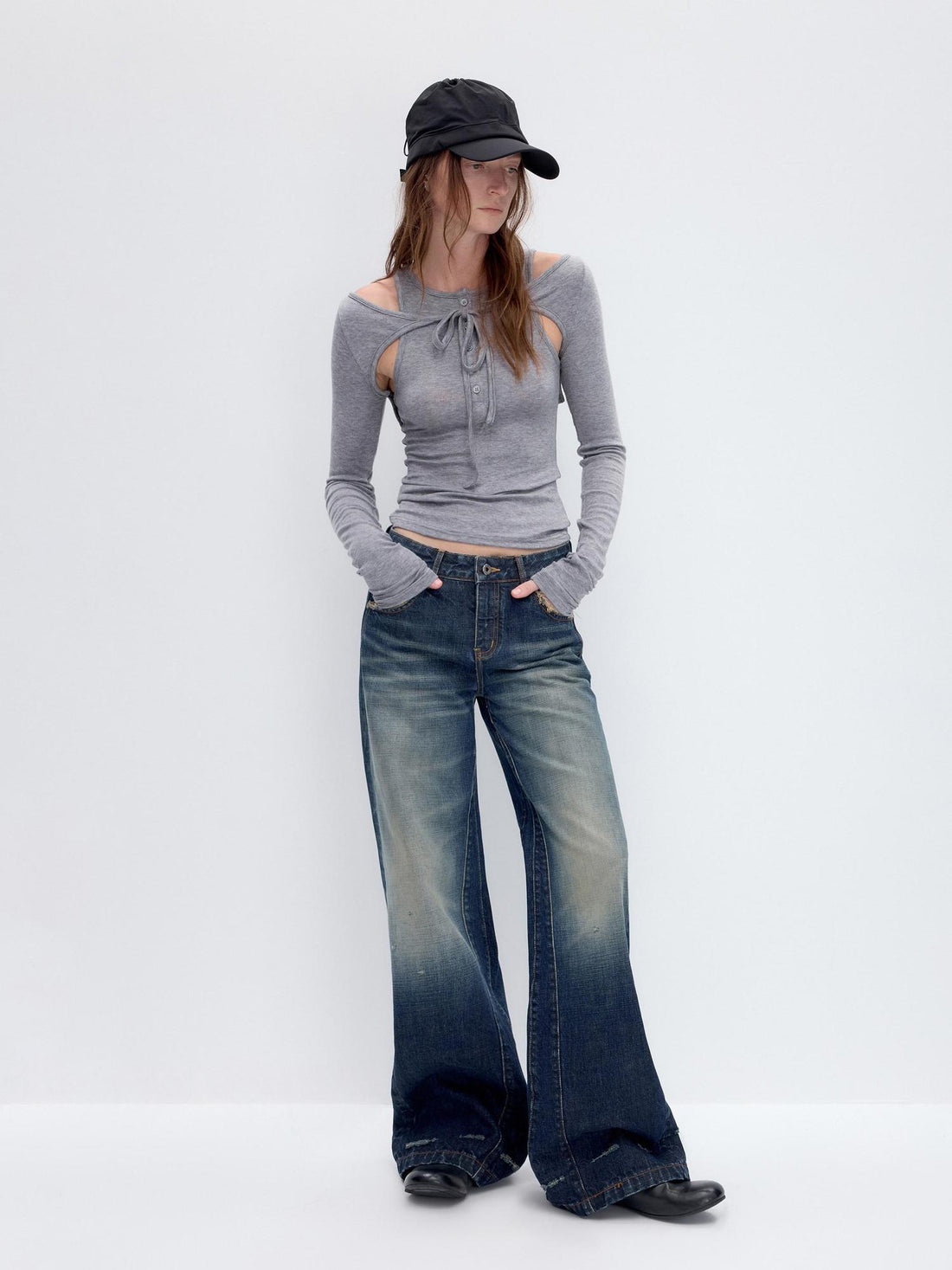 RUN TO THE FUTURE Lyocell Wool Slim Fit Cutout Vintage Commuter Ladies Black Long Sleeve T-Shirts