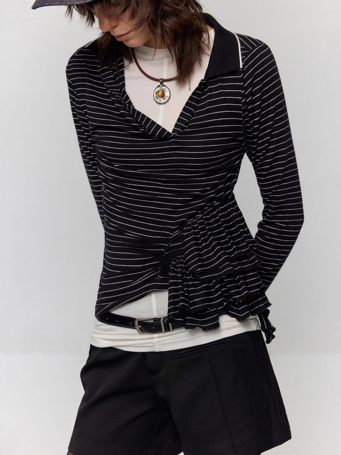 RUN TO THE FUTURE Slim Fit Ruffle Henley Black White Stripe Womens Wool Blend Long Sleeve T-Shirts
