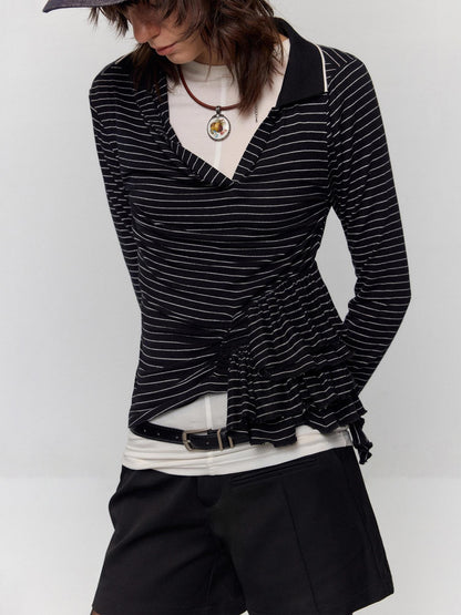 RUN TO THE FUTURE Slim Fit Ruffle Henley Black White Stripe Womens Wool Blend Long Sleeve T-Shirts