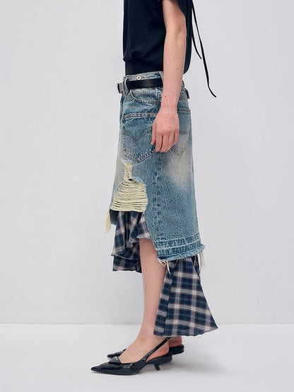 RUN TO THE FUTURE Vintage Patchwork Distressed Low Waist Slim A Line Denim Women Midi Skirts