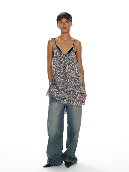 oinimi Leopard Print Ruffle Hem Adjustable Straps Women&