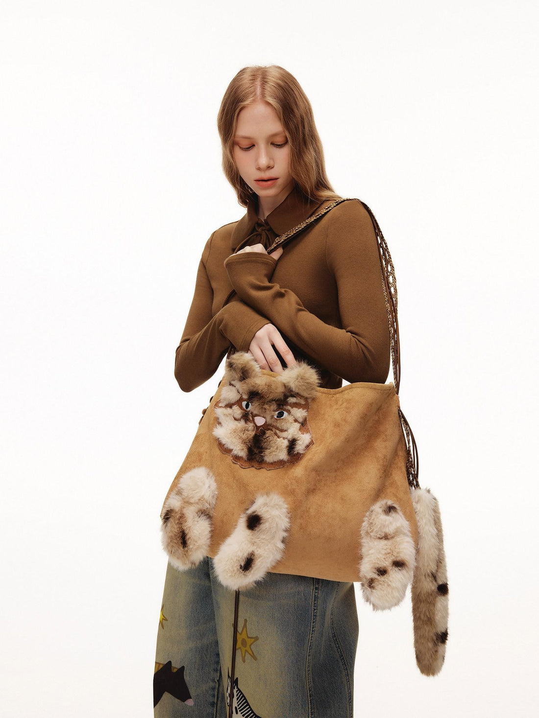 OuttheBlue Cute Edgy Cat Print Square Single Shoulder Women Vintage Pink Khaki Tote Bags