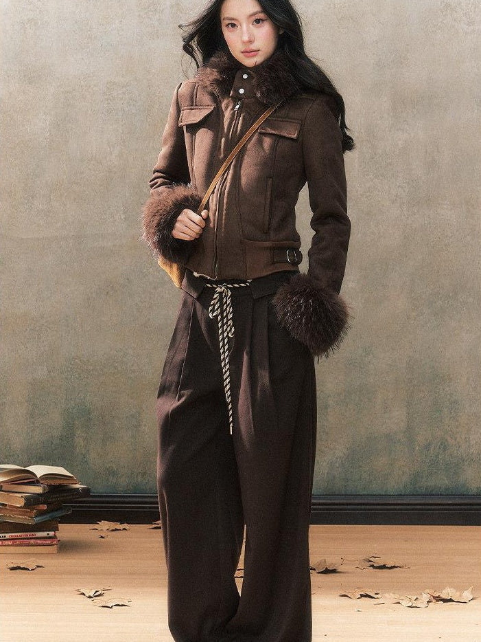 7Shiftin Brown Drawstring Pocket Natural Waist Original Straight Women Wide Leg Pants