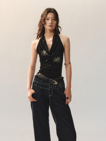 AnnoMundi Airy Lyocell Embroidered Halter Polo Collar Midi Women Black Tank Tops