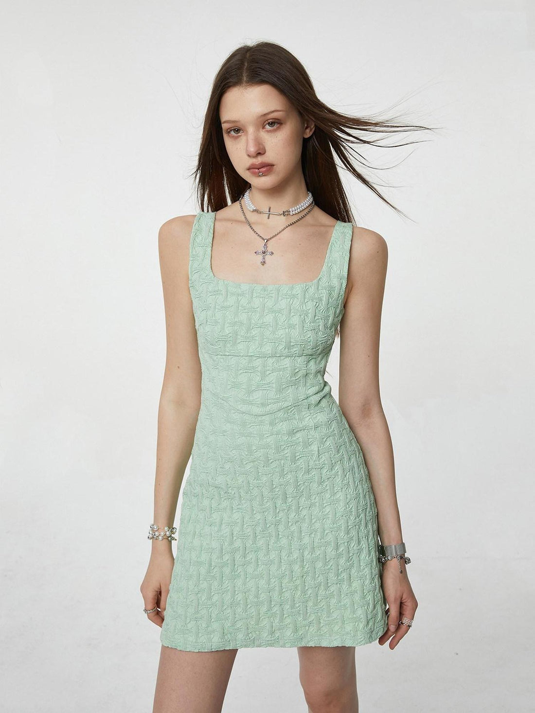 The NeverMore Stretch Denim A Line Pinafore Square Neck Sleeveless Sexy Seafoam Mini Dresses