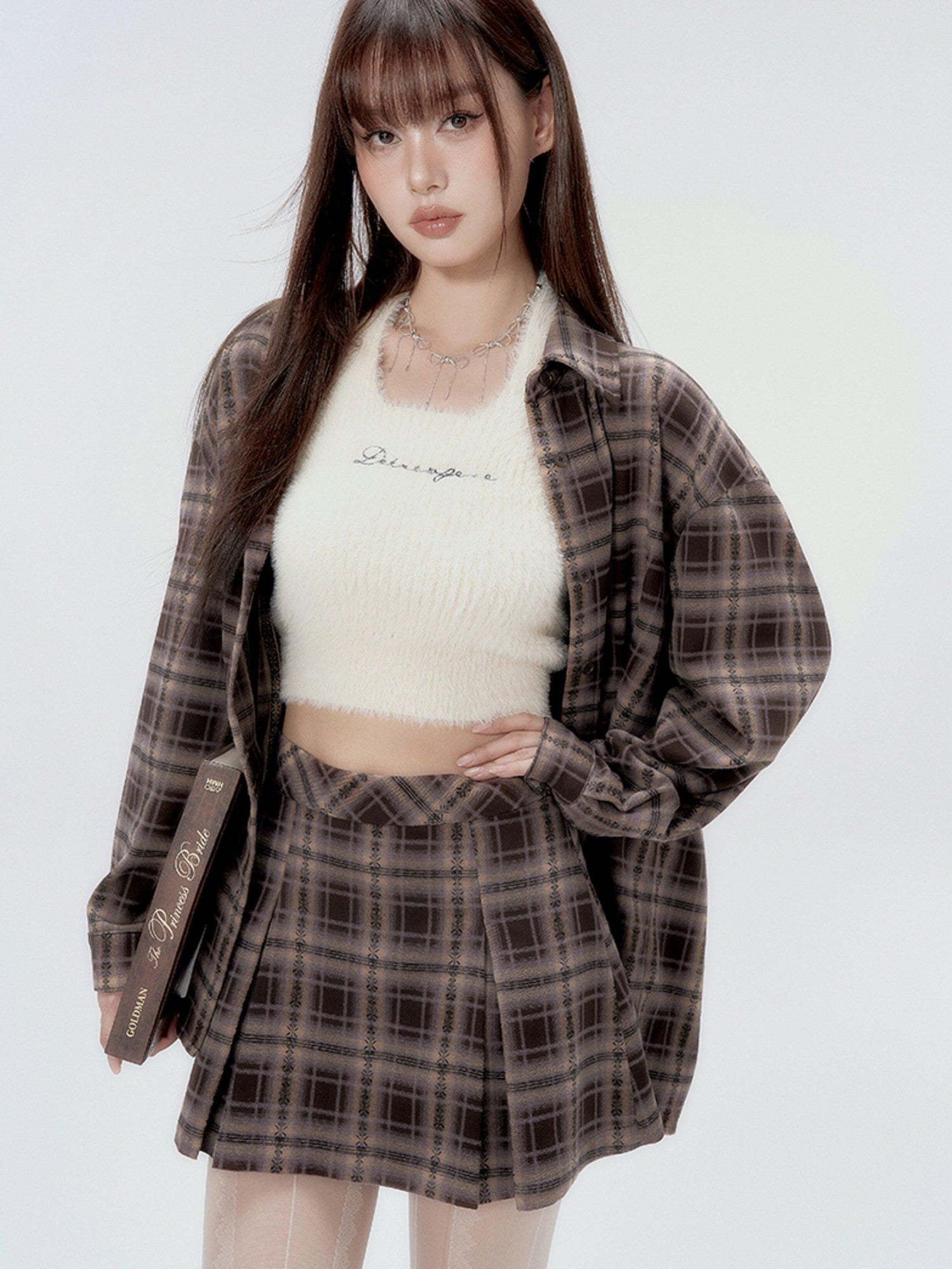 DKZ OFFICIAL Plaid Shirred Drop Shoulder Women&