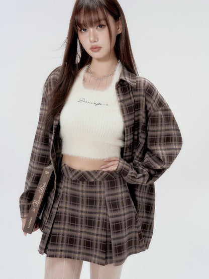 DKZ OFFICIAL Plaid Shirred Drop Shoulder Women&