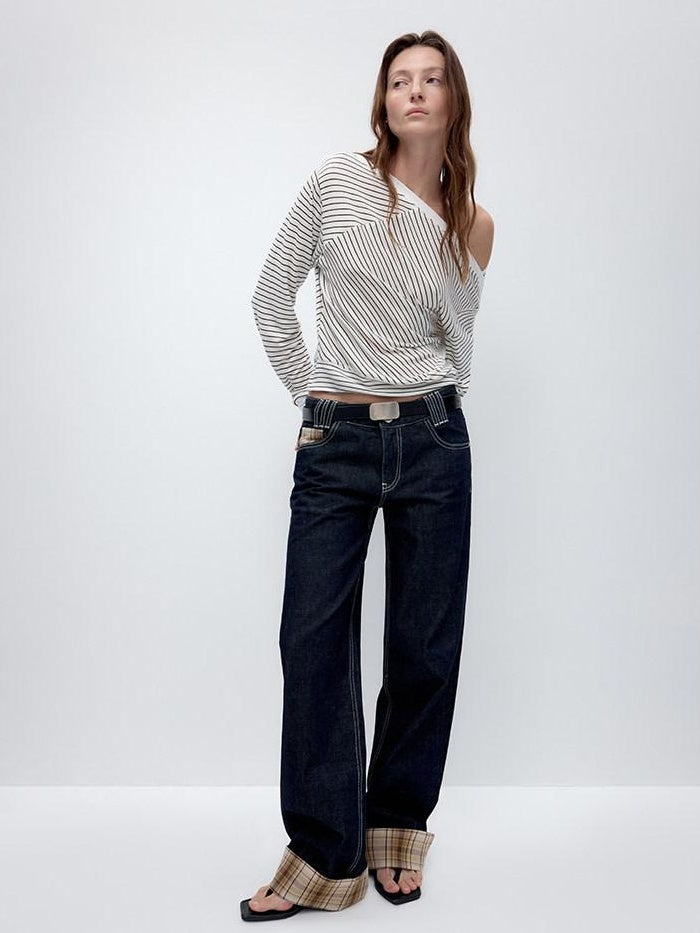 RUN TO THE FUTURE Washed Low Waist Wide Leg Loose Fit Casual Denim Indigo Straight Jeans