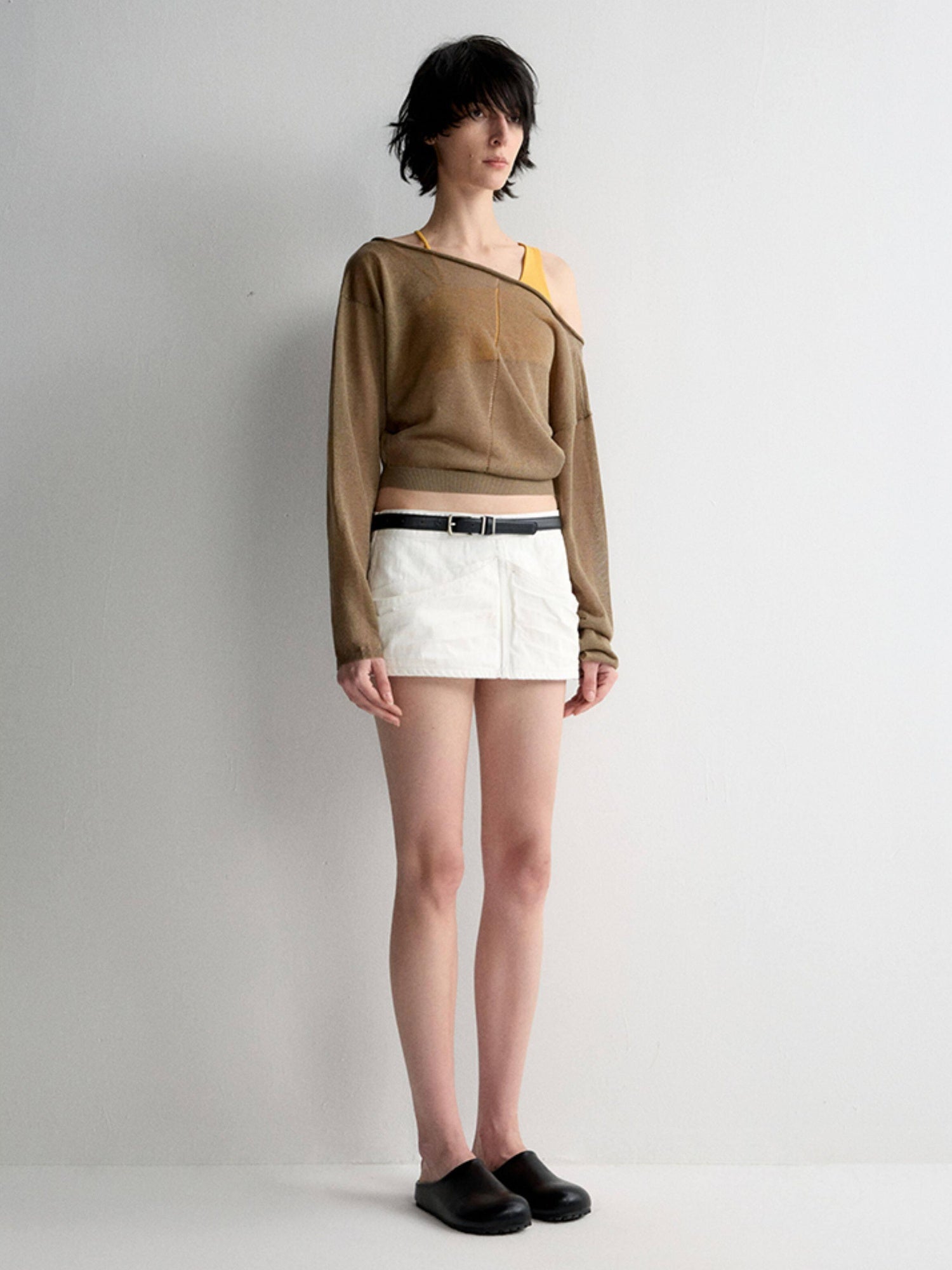 RUN TO THE FUTURE Lyocell Wool Blend Reversible Loose Cropped Boat Neck Knit Long Sleeve T-Shirts