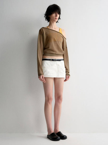RUN TO THE FUTURE Lyocell Wool Blend Reversible Loose Cropped Boat Neck Knit Long Sleeve T-Shirts