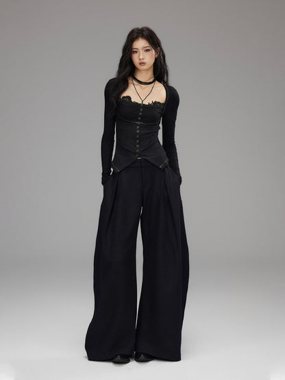 Low pixel Slim Fit Gothic V-neck Paneled Knit Black Womens Everyday Long Sleeve Crop Tops