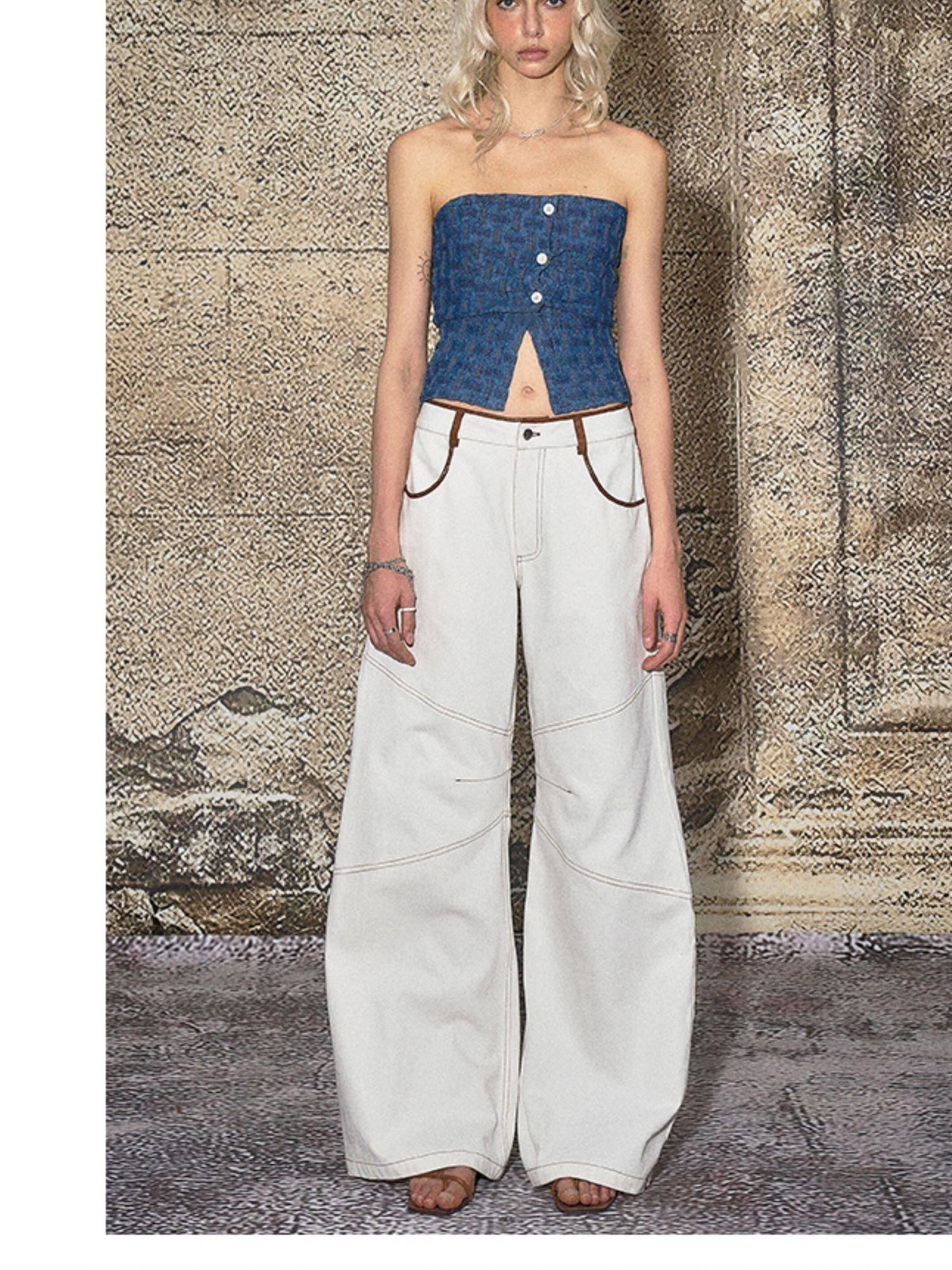 The NeverMore High Cotton Relaxed Distressed Low Rise White Denim Women Wide Leg Jeans