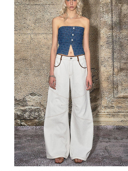 The NeverMore High Cotton Relaxed Distressed Low Rise White Denim Women Wide Leg Jeans