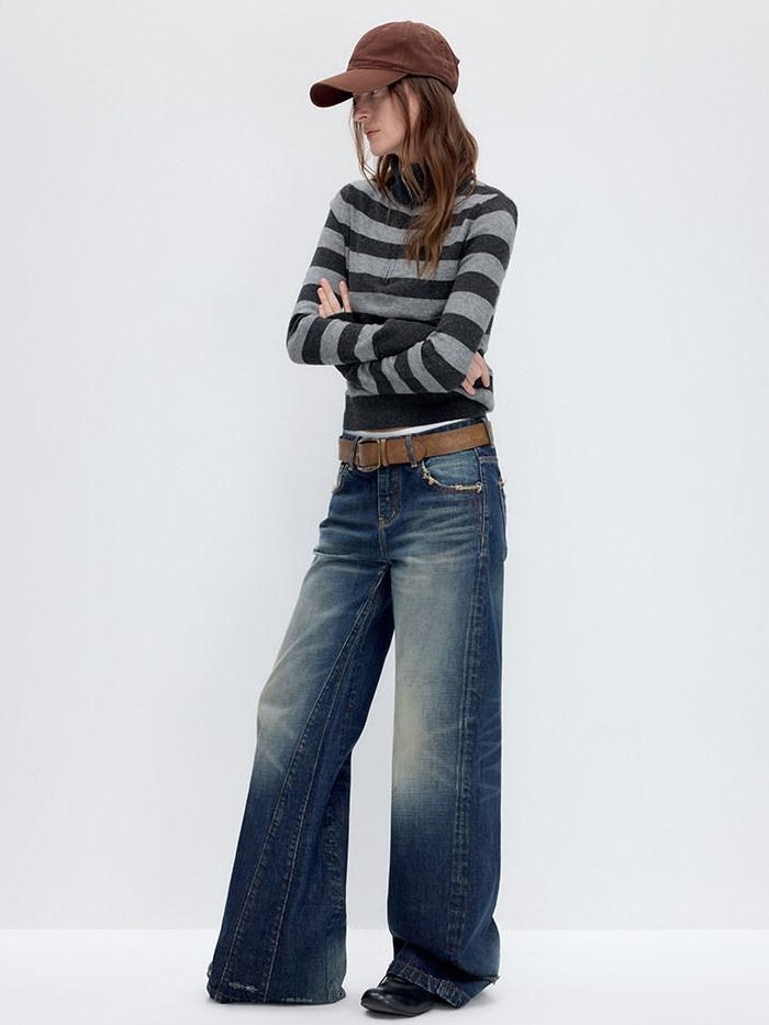 RUN TO THE FUTURE Washed Deep Navy Low Rise Loose Fit Casual Denim Wide Leg Straight Jeans