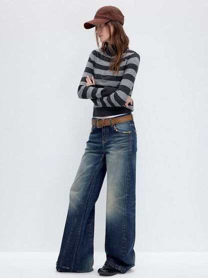 RUN TO THE FUTURE Washed Deep Navy Low Rise Loose Fit Casual Denim Wide Leg Straight Jeans