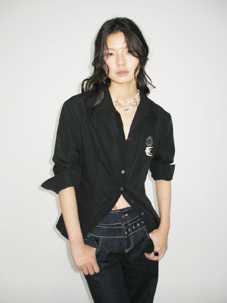 AnnoMundi Embroidered Lyocell Lace Slim Fit Double Collar Long Sleeve Women Black Blouses