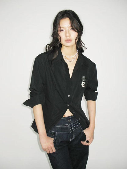 AnnoMundi Embroidered Lyocell Lace Slim Fit Double Collar Long Sleeve Women Black Blouses