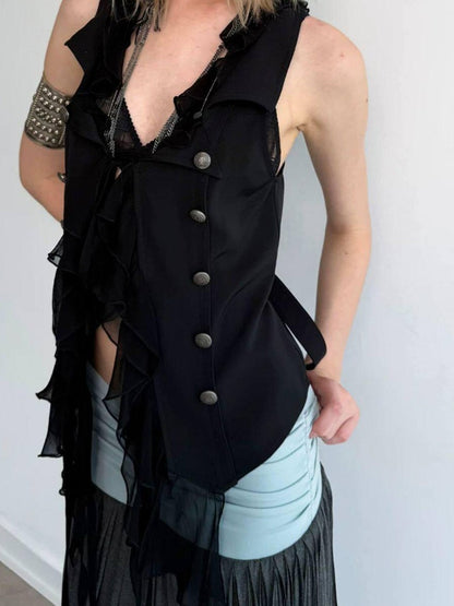 DoublePunch Ruffled Patchwork Slim Fit Vintage Blazer Sleeveless Women&